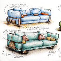 three different types of couches are shown in this drawing, one is blue and the other is green