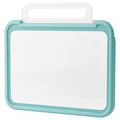 a blue and white lunch box with handle on it's side, against a white background