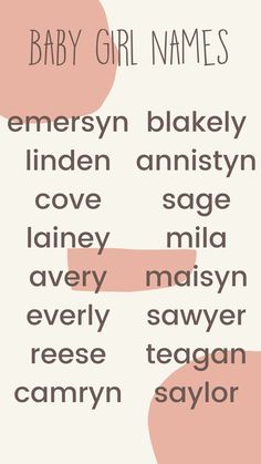 the baby girl names are shown in pink and grey on an off - white background