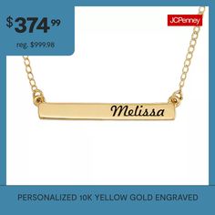 Wear this engraved name bar necklace to personalize your look. Works great layered with other necklaces. Maximum 10 characters.Features: Engraveable, Personalized, Quick ShipJewelry Closure: Spring Ring ClaspShape: BarMetal Color: YellowChain Length: 18 InchChain Width: .7 MillimetersChain Construction: CurbCare: Wipe CleanMetal: 10k GoldNecklace Type: Pendant NecklacesAssembled in the US from Imported Materials Customizable Gold Nameplate Bar Necklace, Customizable Nameplate Bar Necklace For Personalized Gifts, Gold Engraved Rectangular Pendant Name Necklace, Everyday Personalized Rectangular Pendant Name Necklace, Engraved Nameplate Bar Necklace For Personalized Gift, Gold Bar Necklace With Rectangular Pendant For Personalized Gift, Personalized Engraved Rectangular Bar Necklace, Personalized Name Bar Necklace With Rectangular Pendant, Bar Pendant Necklace