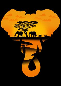 an elephant and giraffes are silhouetted against the sunset in this illustration