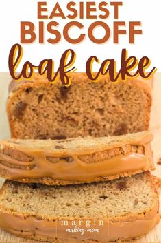 two slices of loaf cake with frosting on top and the words, easy biscoff loaf cake