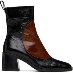 Ankle-high paneled buffed and crinkled patent calfskin boots in black and brown. · Square toe · Zip closure at inner side · Pull-loop at heel collar · Stacked leather block heel · Treaded rubber sole · Heel: H2.5 in Supplier color: Sonic black/Tangerine Two Tone Boots, Miista Shoes, Square Toe Ankle Boots, Brown Square, Shoe Fits, Leather Block Heels, Boot Shoes Women, Leather Heels, Smooth Leather