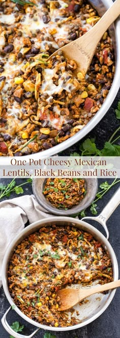 one pot cheesy mexican lentils, black beans and rice is shown in two pans