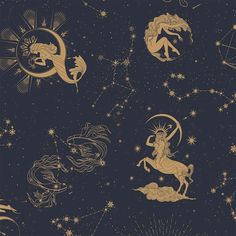 seamless pattern with zodiac signs and stars on dark blue background, suitable for wallpaper or fabric design