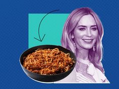 a woman with blonde hair is holding a bowl of spaghetti