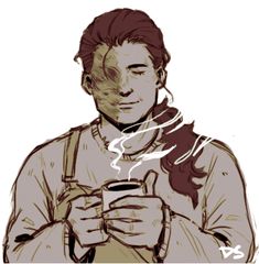 a drawing of a man holding a coffee cup