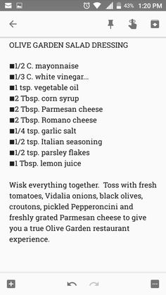 the recipe for olive garden salad dressing is shown in this screenshote screen shot