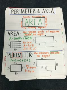 a piece of paper with some writing on it that says perimeter & area area