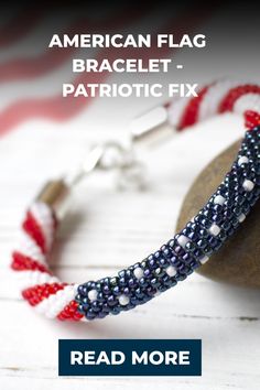 Get ready to display your patriotism with this stunning beaded bracelet inspired by the American flag. Crafted using a sophisticated beaded crochet method, this one-of-a-kind accessory seamlessly combines elegance and style. Elevate your look and showcase your love for the USA with this chic piece today! American Flag Bracelet, Flag Beads, Flag Bracelet, Patriotic Jewelry, Bracelet Inspired, Beaded Crochet