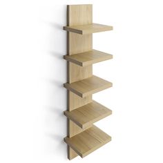 a wooden shelf with four shelves on each side and one section missing from the wall