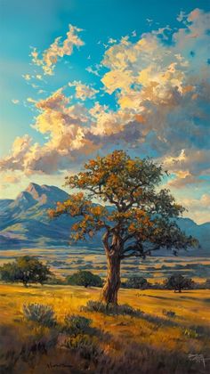 a painting of a tree in the middle of a field with mountains in the background