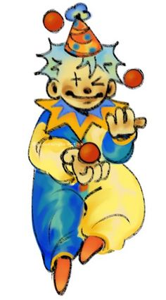 a drawing of a clown holding a teddy bear in his arms and wearing a party hat