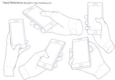 four hands holding smart phones in different positions, with the text hand reference on them