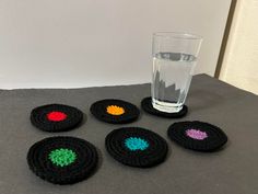 Vinyl record inspired homemade crochet coasters  Includes set of 6 coasters Coasters are approximately 3 inches. Crochet Coasters, Vinyl Record, Vinyl Records, Coasters, Accessory Gift, Display Homes, Pet Supplies, Electronic Accessories, Ships