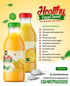 two bottles of orange juice with ice cubes on the side and an advertisement for healthy food