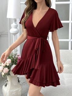 Asymmetrical Ruffle Hem Belted Homewear Dress Burgundy Casual-Woman  Short Sleeve Knitted Fabric Plain Nightgowns High Stretch All Women Sleep & Lounge, size features are:Bust: ,Length: ,Sleeve Length: Dark Red Short Dress, Homewear Dress, Lounge Dresses, Red Dress Casual, Promotion Dresses, Cute Red Dresses, Honeymoon Outfits, Maroon Dress, Red Dress Short