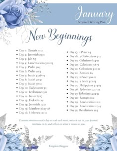 a blue rose themed new beginnings printable calendar with flowers on it and the words, january