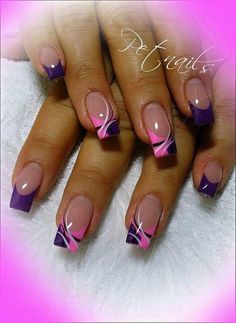 Pin by Joan Thorne on nails | Purple nail art, Nail tip designs, Purple nails Embellished Nail Art, Fingernail Designs Spring, Violet French Nails, Fancy French Manicure, Swirl Acrylic Nails, Pink And Purple Nails, Purple And Pink Nails, Deluxe Nails