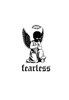 a black and white logo with an angel sitting on the ground