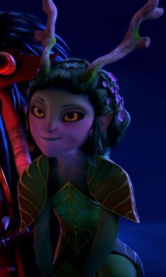 an animated character with antlers on her head next to another character in front of a dark background