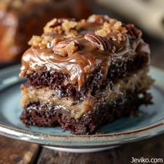 a piece of chocolate cake with pecans on top is sitting on a blue plate