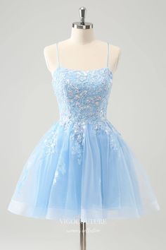 Light Blue Sparkly Lace Applique Homecoming Dresses Spaghetti Strap Ba – vigocouture Trendy Prom Dresses Short, Homecoming Dresses Light Blue, Spring Fling Dresses, Light Blue Homecoming Dresses, Mini Blue Dress, Hoco Court, Hoco Dresses Ideas, White Jumpsuit Wedding, Hoco Dresses Blue