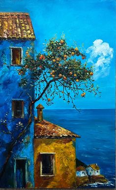 a painting of an orange tree in front of a blue building with the ocean behind it