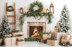 christmas fireplace decorated with presents and trees