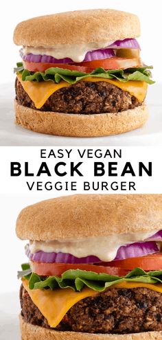 two pictures of the same hamburger with cheese and lettuce on it, one is black bean and the other is veggie burger