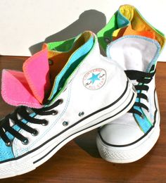 hidden layers [neon rainbow Converse shoes] Neon Converse, Clark Shoes For Women, Converse Hightops, Stars Converse, Chuck Taylor High Tops, Star Shoe, Shoe Sketches, Shoes Quotes