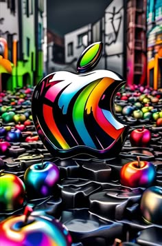 an apple logo is surrounded by many colorful apples on the ground in front of buildings