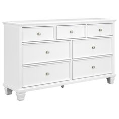 a white dresser with six drawers and two doors on the bottom, in front of a white background