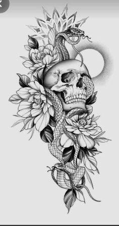 a black and white drawing of a skull with flowers on it's head, next to a full moon