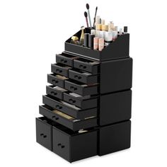 2 Oversized drawers, 2 large drawers, 8 small drawers and 16 top compartments hold at least 18 makeup brushes, 18 lipsticks, 15 nail polishes, 15 eyeliners, 6 large eye shadow palettes and other small everyday collection, well organize your make-up and dresser. Made of durable plastic, keep your cosmetics neat and tidy. It’s very smooth to operate the drawers.4-piece makeup organizer boxes interlock securely with anti-slip mats. You can also stack more drawers on top of the base or use them sepa Cosmetic Organiser, Make Up Storage, Acrylic Organizer Makeup, Jewelry Display Box, Cosmetic Display, Make Up Organiser, Vanity Countertop, Makeup Organizer, Cosmetic Organizer