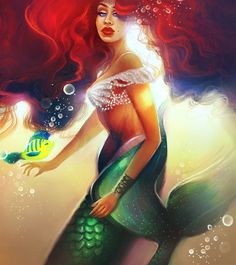 a painting of a mermaid with red hair holding a fish in her hand and looking at the camera