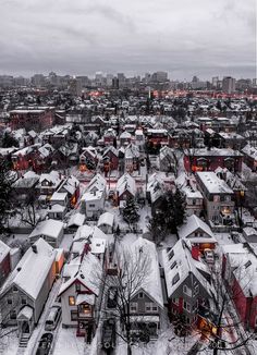 an aerial view of a neighborhood in winter