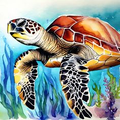 a painting of a sea turtle swimming in the ocean with corals and other marine life