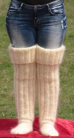 HAND KNITTED STOCKINGS / HUGE  UNISEX  SOCKS ### DESIGNED & CREATED by Giorgio Qualitat ### Product Specification: §  Color:          Ivory / Ecru / Off White / Cream; §  Style:          Hand knitted ribbed mohair stockings; §  Material:     2 strands premium class longhair mohair; Size & Measurements: §  Length from heel to upper end: 34.6 " / 88 cm; §  Circumference at the upper end:     14.2 '' / 36 cm § Length from toe to heel: 11.0 ''  / 28 cm §  Net weight: 454 g* Ballet Leg Warmers, Leg Warmers Knit, Black Leg Warmers, Knitted Leg Warmers, Knit Leg Warmers, Stockings Legs, Cream Style, Long Socks, Knit Pattern