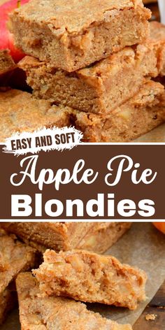 apple pie blondies stacked on top of each other with apples in the background and text overlay