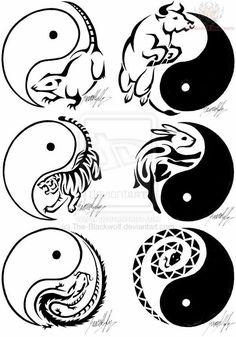 four different yin yang symbols in black and white, each with an animal's head