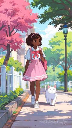 a girl walking down the street with a cat in her hand and a pink dress on