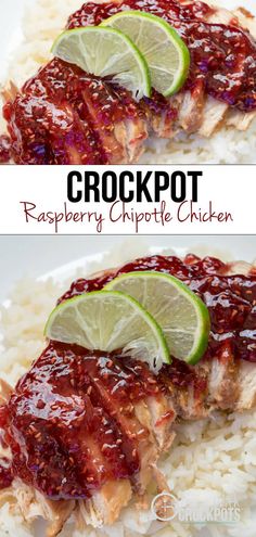 crockpot raspberry chipotie chicken on rice with lime wedges