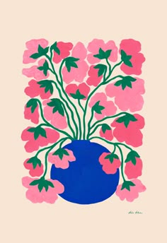 painted on a cream background are a bunch of bright pink sweet peas with green stems, sitting in a cobalt blue round vase. Flower Painting Print, Botanical Art Print, Poster Prints Ideas, Prints To Paint, Cool Prints Art Wall Decor, Cute Prints For Wall, Wall Art 2023, Draw Sea Animals, Liv Lee