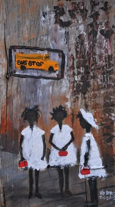 a painting of three girls standing in front of a school bus