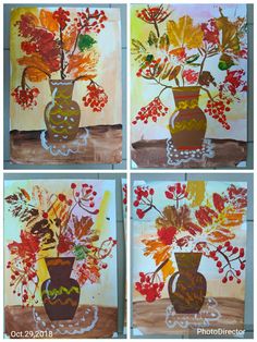 four paintings of vases with autumn leaves and berries