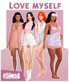 three women are standing in front of a pink background with the words love my self on it