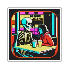 a skeleton sitting at a table next to a woman with a drink in her hand