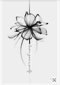 a black and white photo of a flower with the word love written in cursive writing