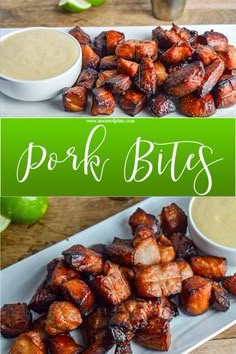 pork bites on a white plate with dipping sauce in the background and green lettering overlay